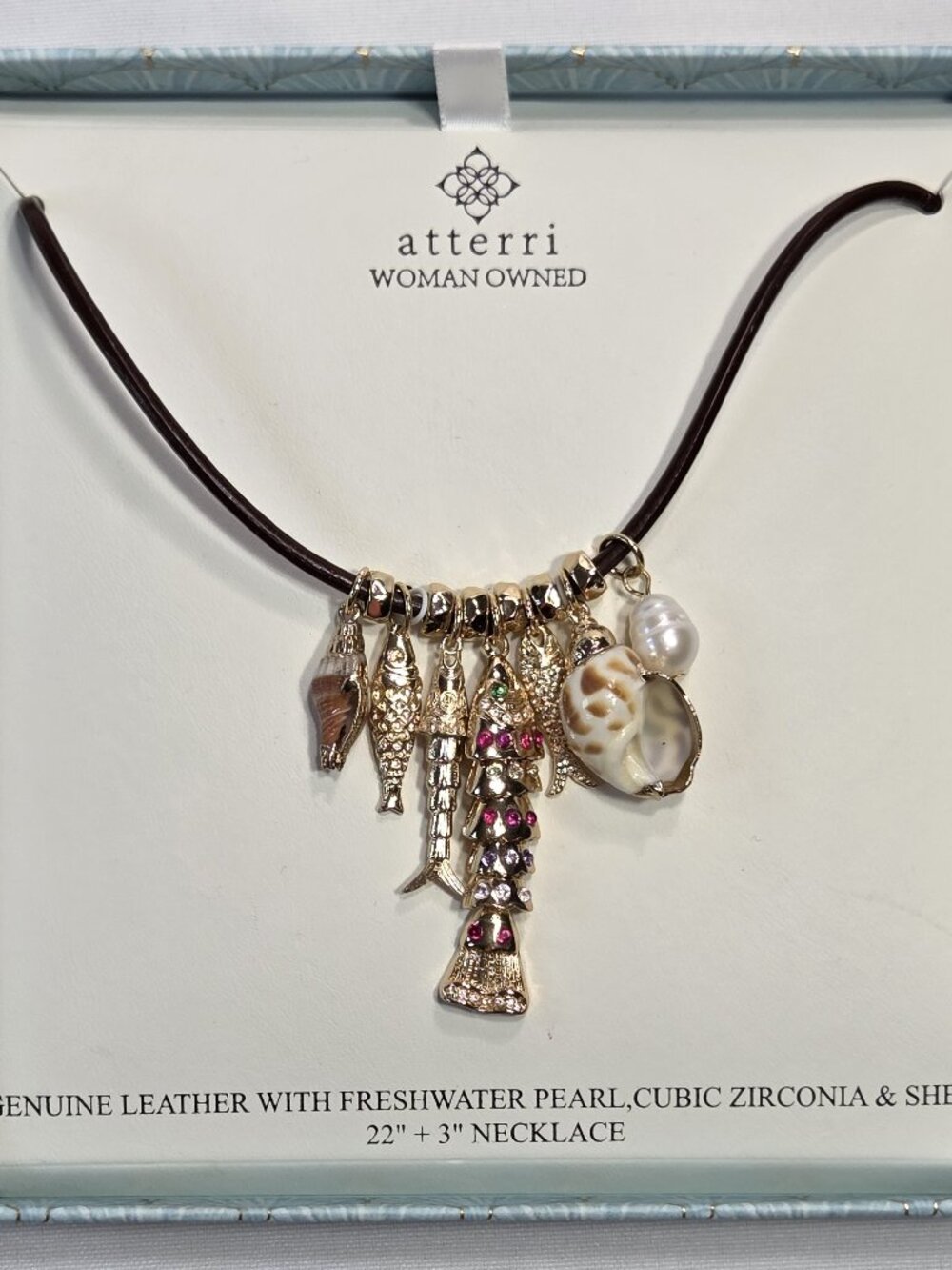Atterri Gold Fish Shell Charm Genuine Leather Necklace Freshwater Pearl CZ 22"